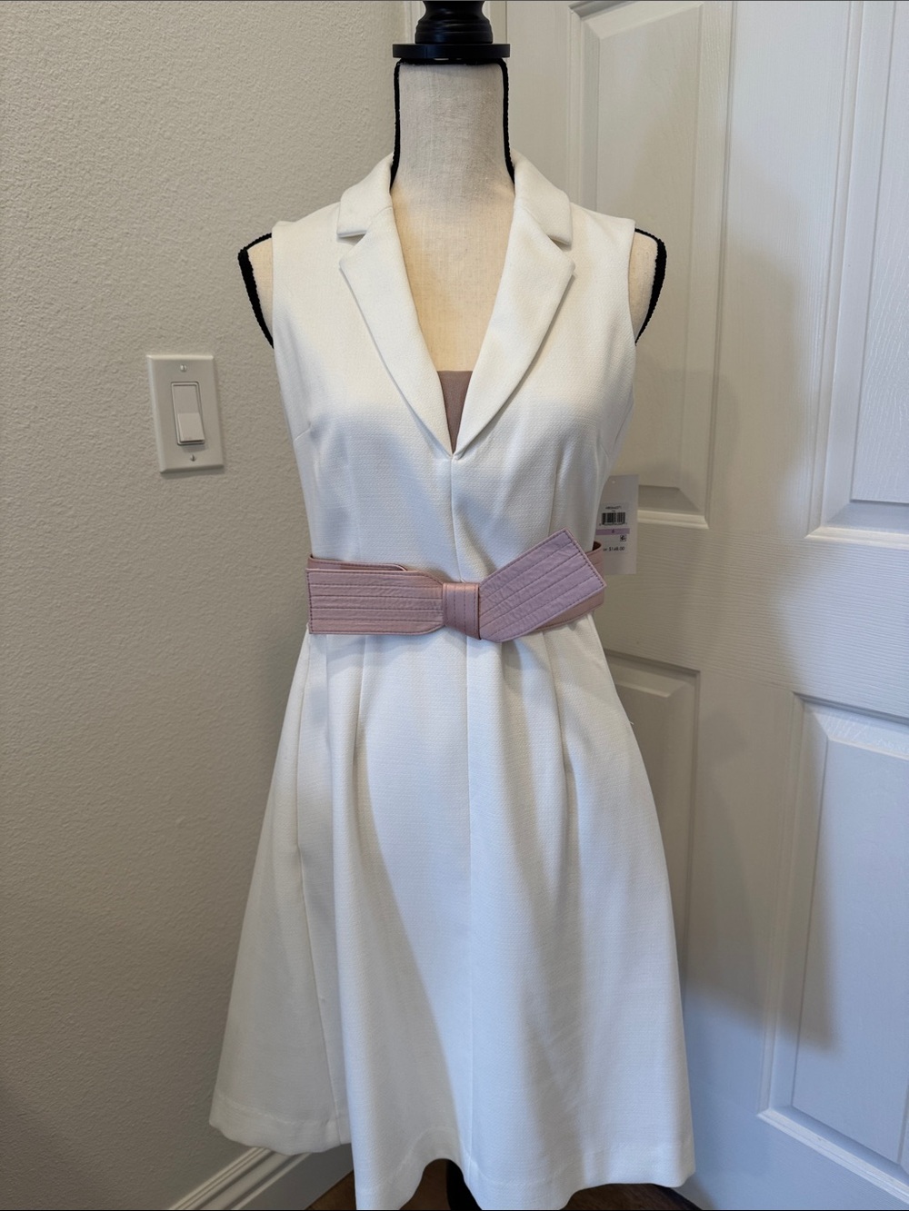Sleeveless Ivory V-Neck Fit & Flare Dress with Blush Pink Belt